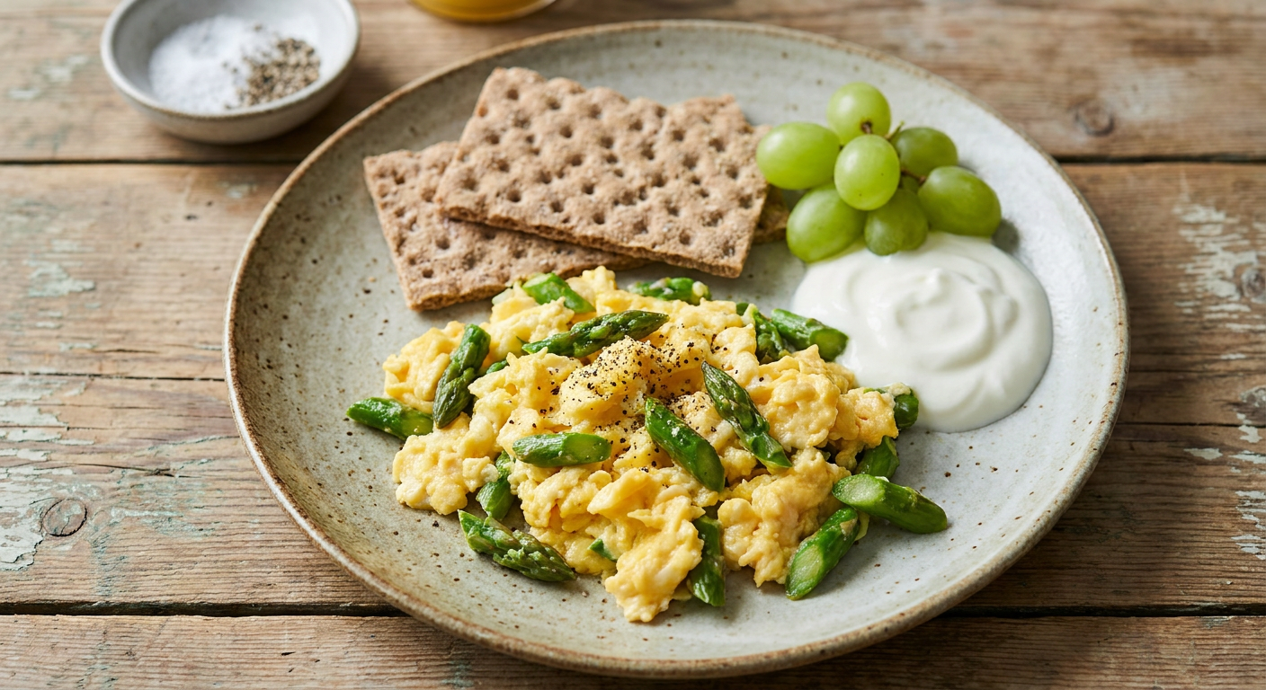 Plated Asparagus Breakfast Scramble with Wasa, Yogurt and Grapes
