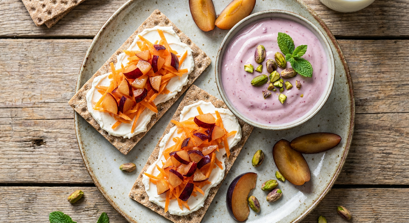 Plated Cream Cheese and Carrot Crispbreads with Plum Yogurt