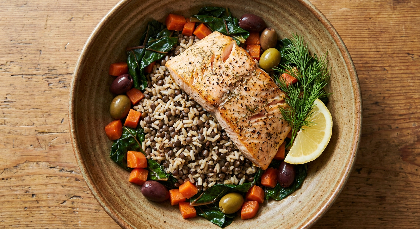 Plated Herbed Trout and Brown Rice Lunch Bowl