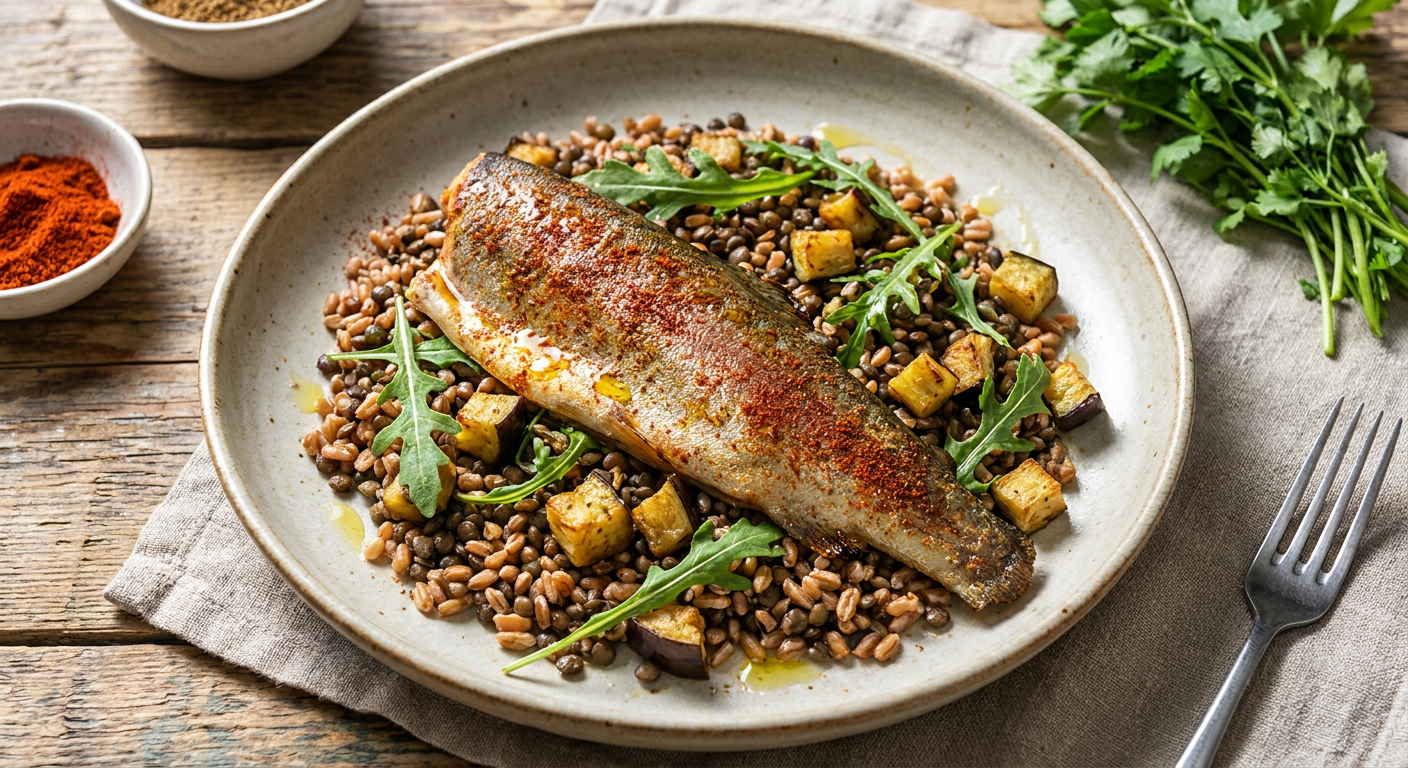 Plated Paprika-Roasted Trout with Warm Farro, Lentils and Eggplant
