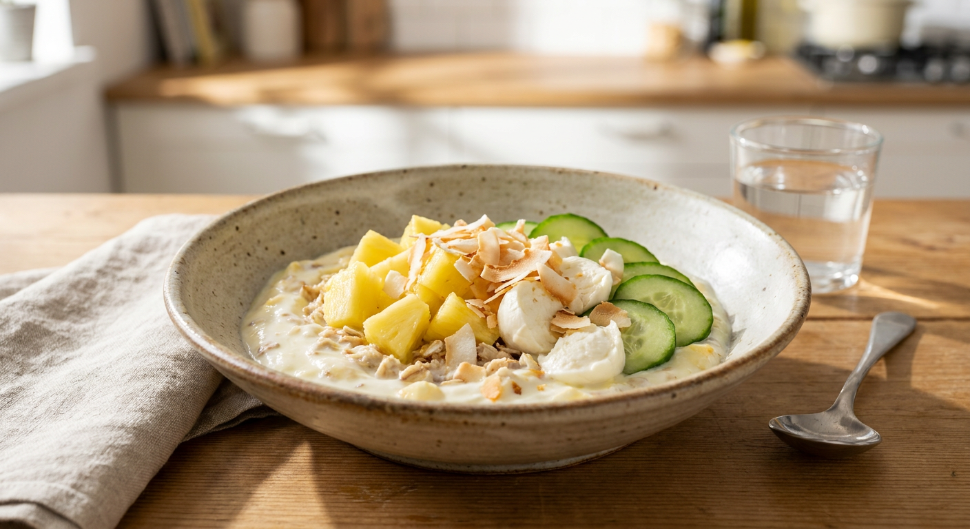 Plated Pineapple Muesli Yogurt Bowl with Mozzarella and Cucumber