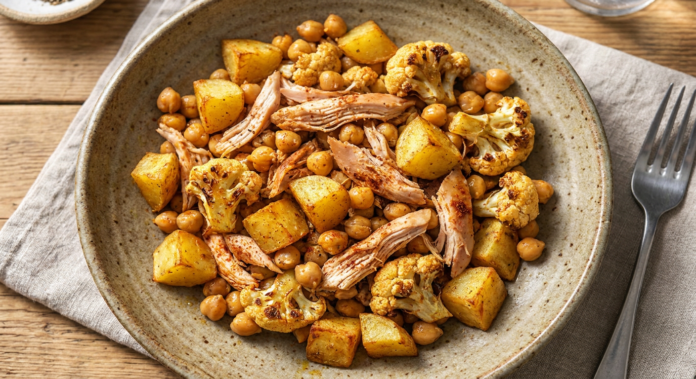 Plated Smoky Chicken, Potato and Chickpea Lunch Bowl