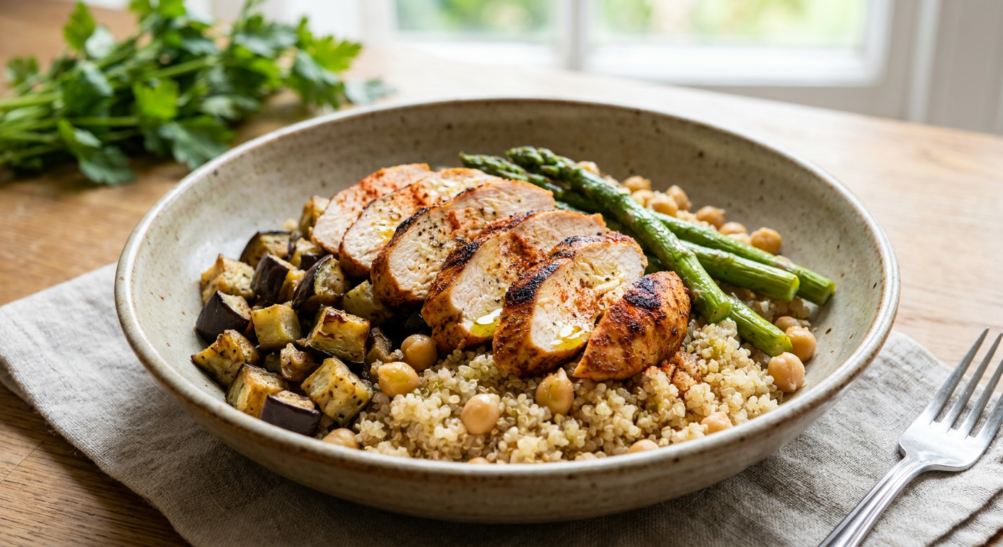 Plated Smoky Chicken, Quinoa and Chickpea Lunch Bowl