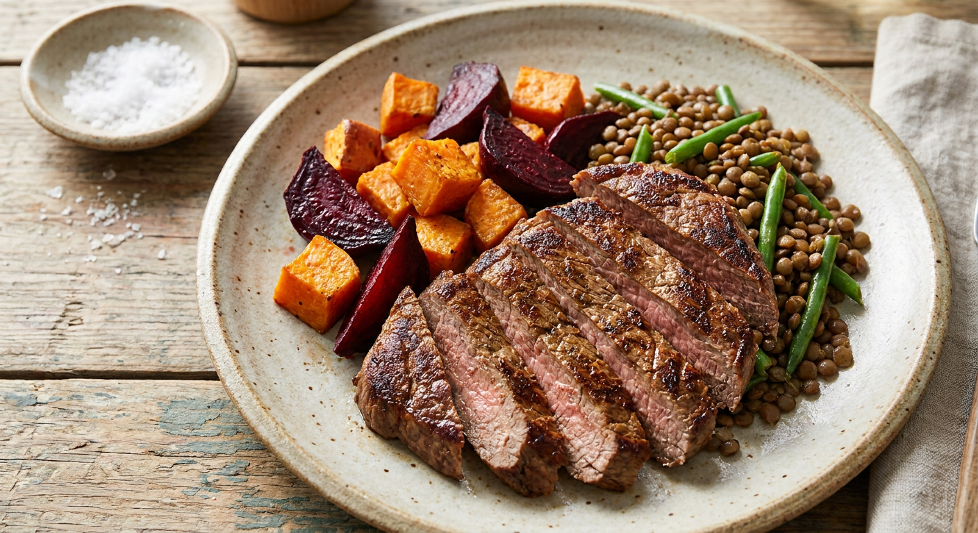 Plated Smoky Flank Steak with Roasted Yam, Beetroot and Warm Lentils