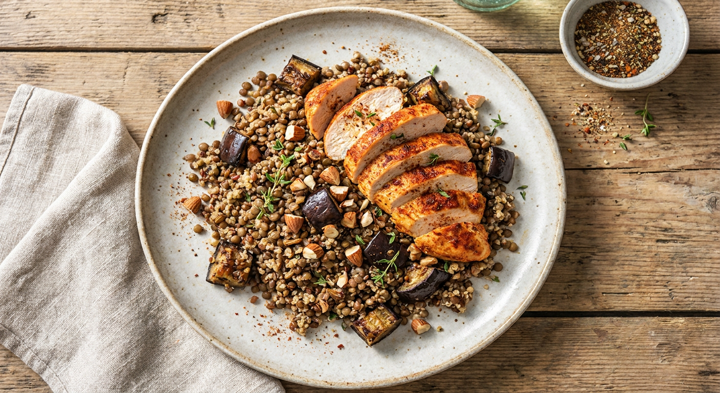 Plated Spiced Chicken with Warm Lentil Quinoa and Roasted Eggplant