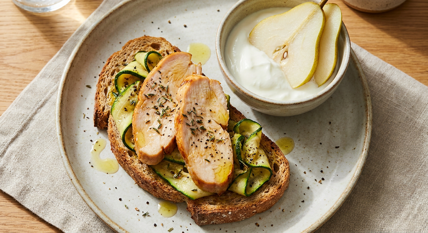 Plated Turkey and Zucchini Breakfast Toast with Pear Yogurt